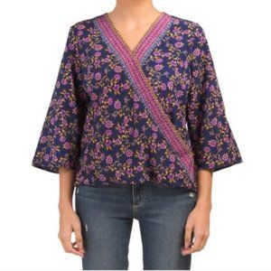 Anthropologie Floral Wrap Blouse - Blue and Pink